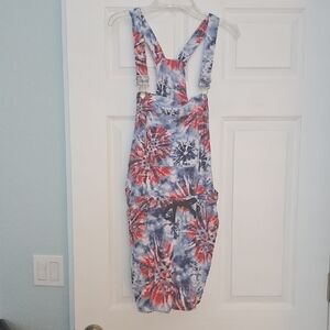 Tie-Dye Short Overalls in Red, Blue And White